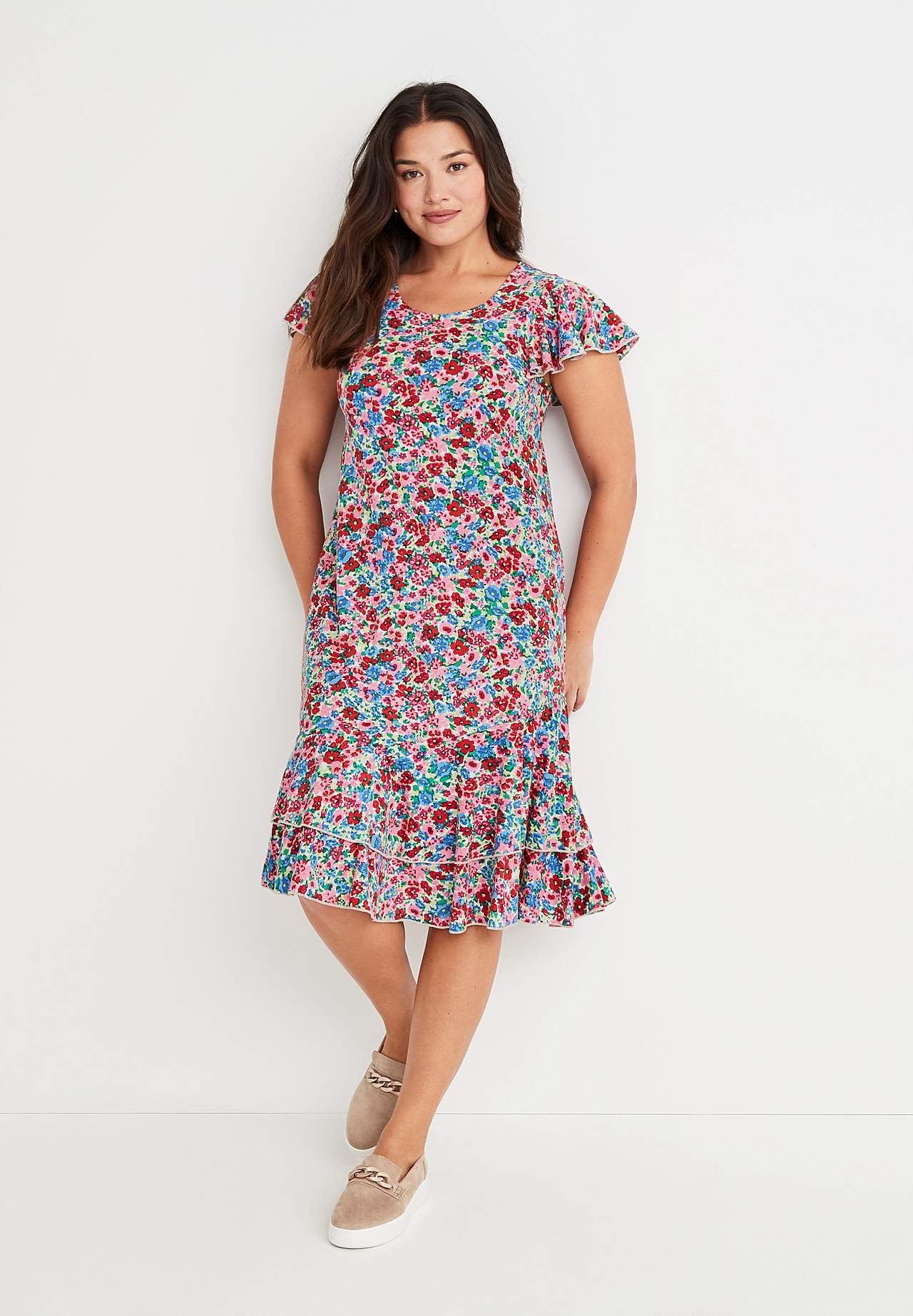 Gemustertes Jerseykleid mit Rüschenröcken Elin