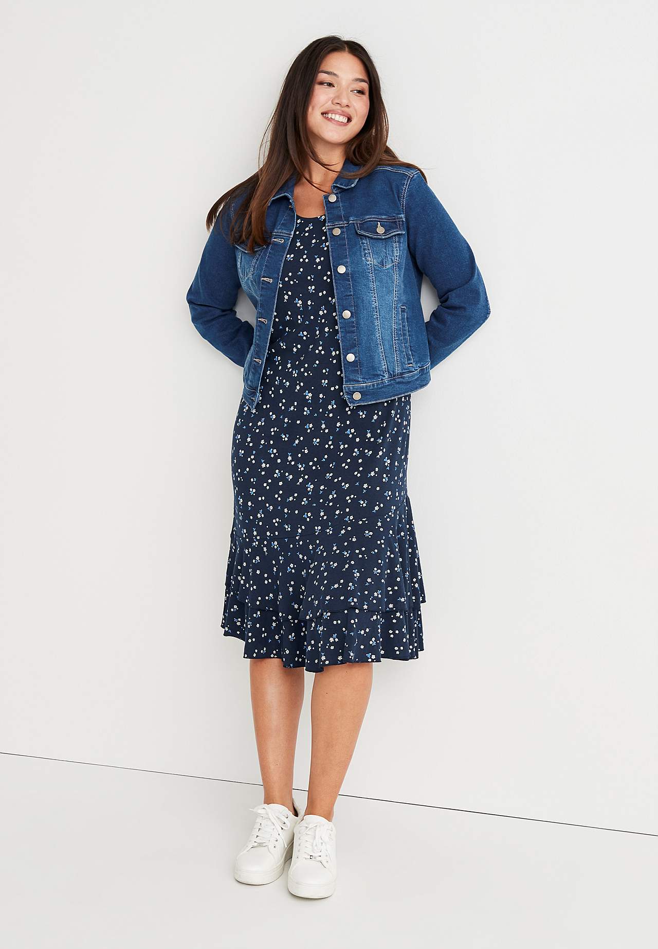 Gemustertes Jerseykleid mit Rüschenröcken