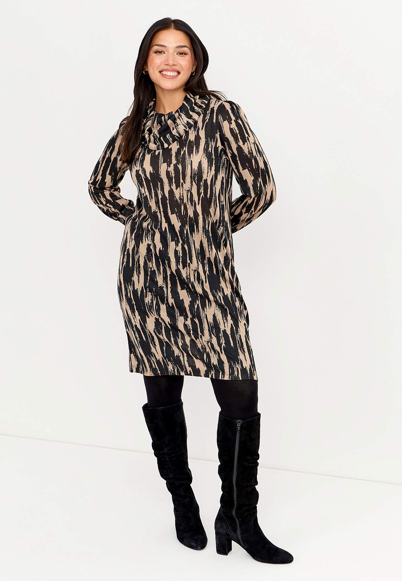 Gemustertes, knielanges Jerseykleid