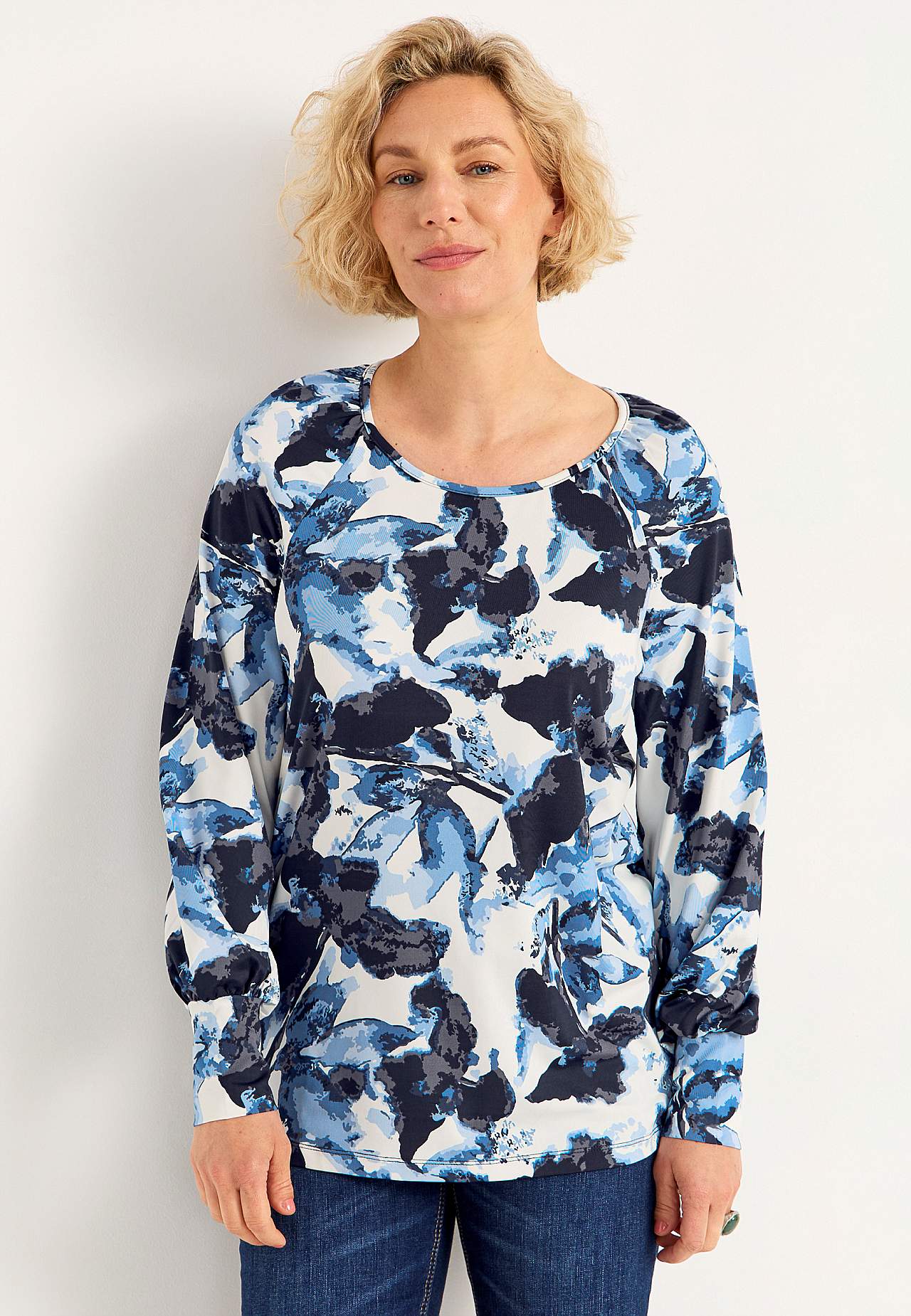 Gemustertes Jersey-Top mit breiten Manschetten
