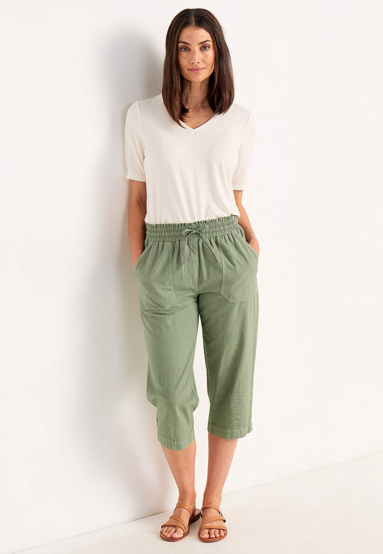 Caprihose aus gewaschener Baumwolle Jade