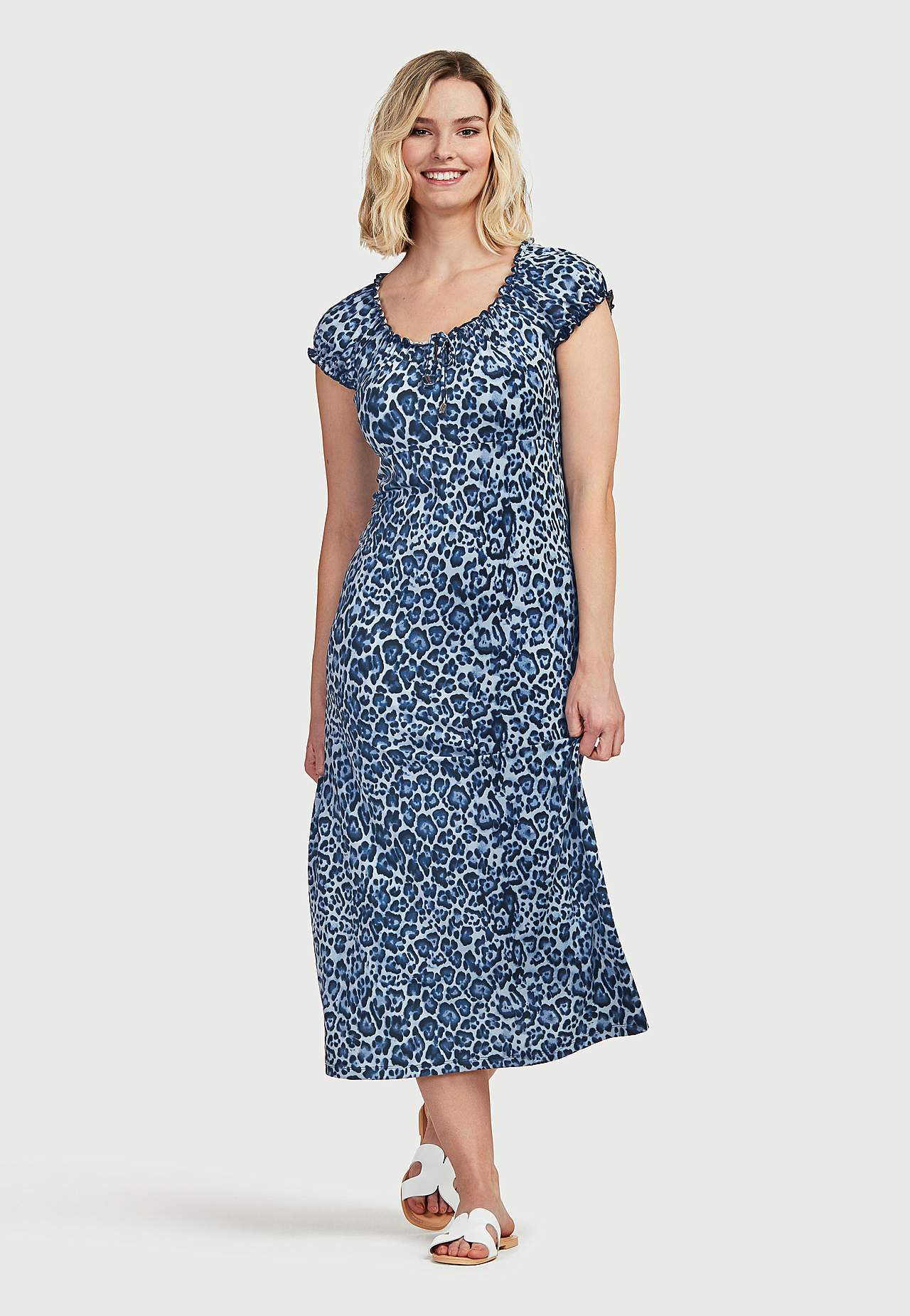 Langes, gemustertes schulterfreies Kleid