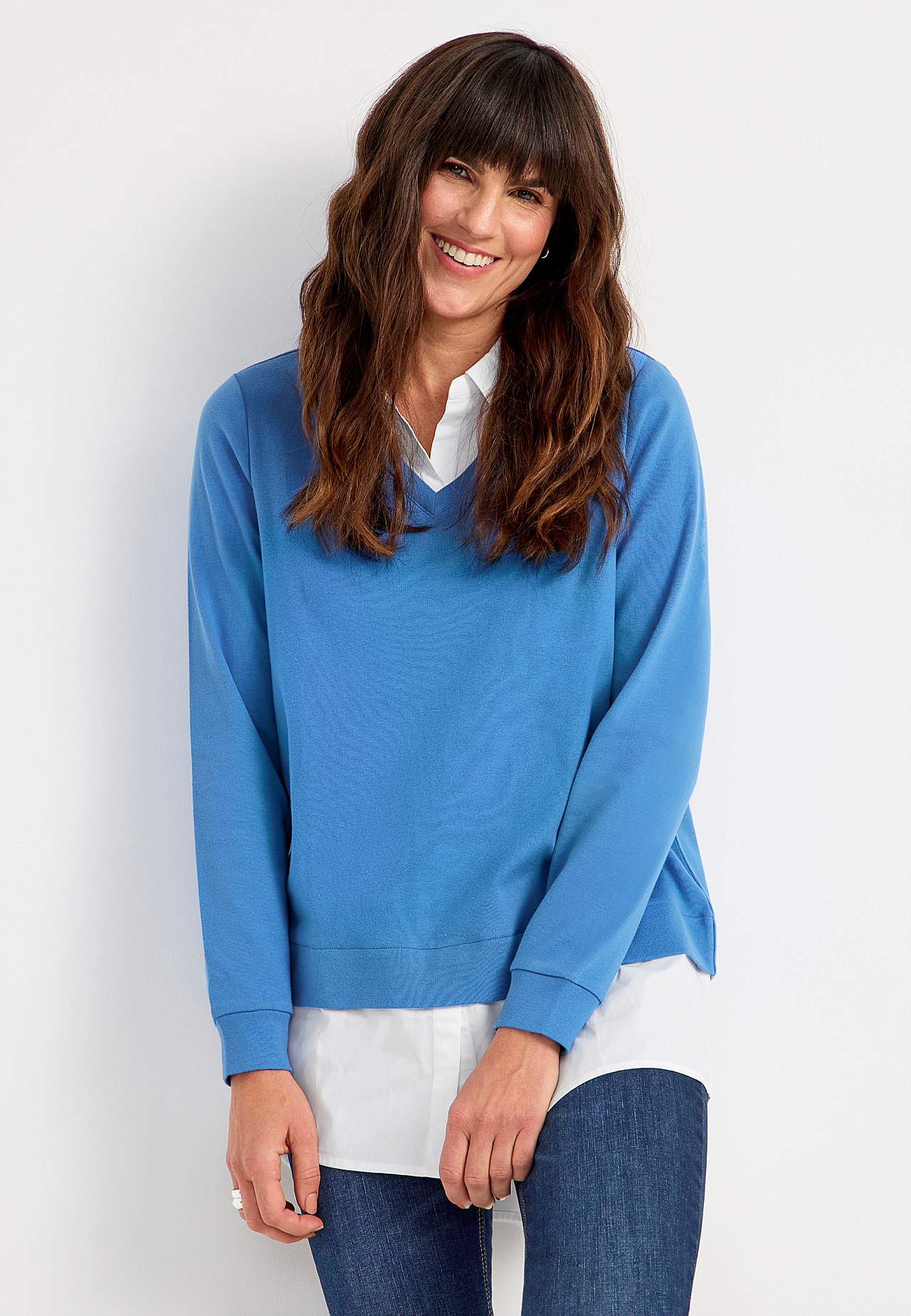 Jersey-Top mit genähtem Hemdkragen