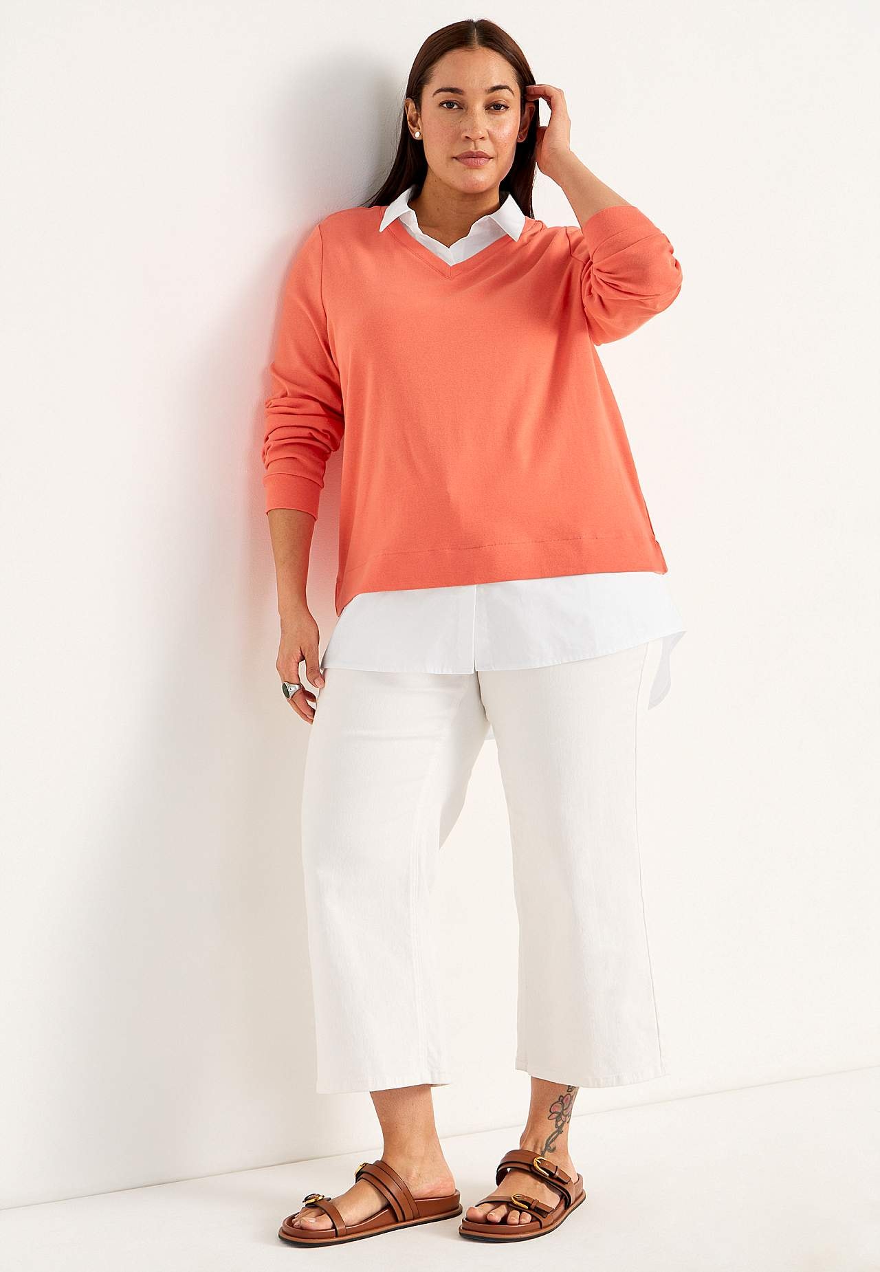 Jersey-Top mit genähtem Hemdkragen