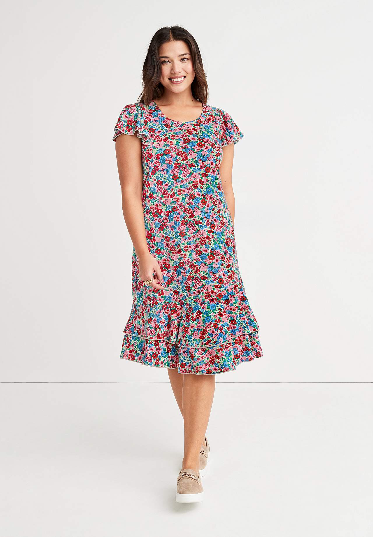 Gemustertes Jerseykleid mit Rüschenröcken Elin