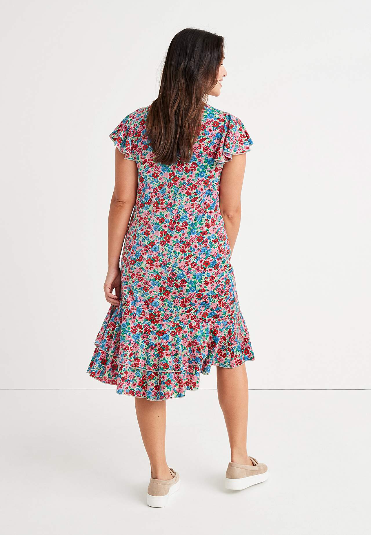 Gemustertes Jerseykleid mit Rüschenröcken Elin