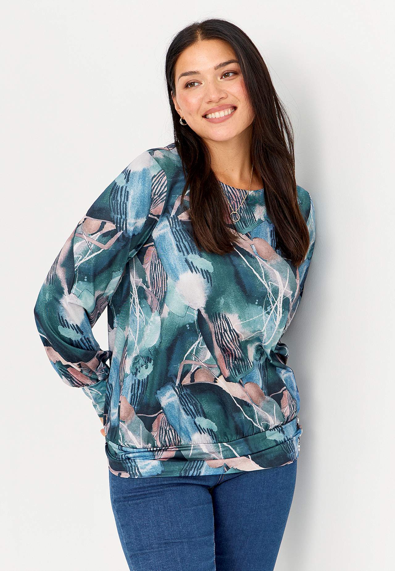 Gemustertes Jersey-Top mit Knopfdekoration