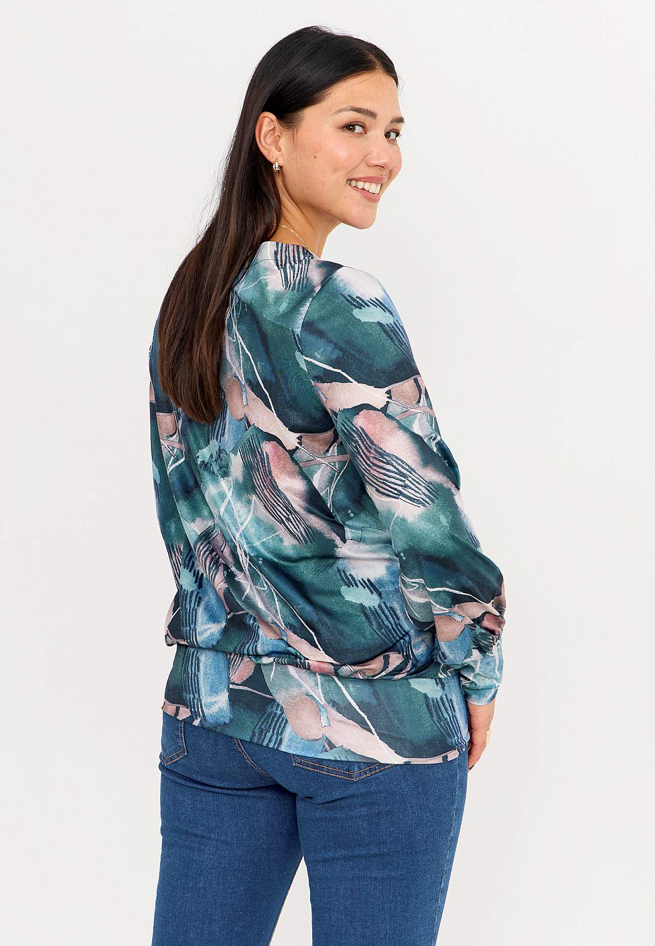 Gemustertes Jersey-Top mit Knopfdekoration