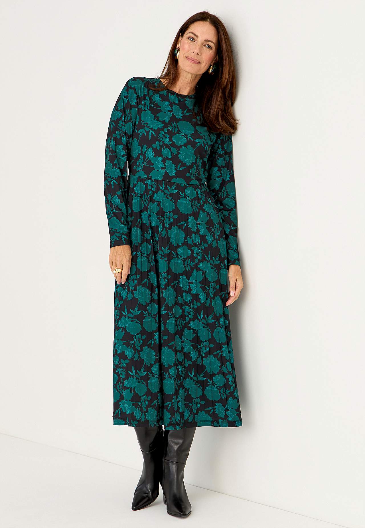 Plissiertes, gemustertes Jerseykleid