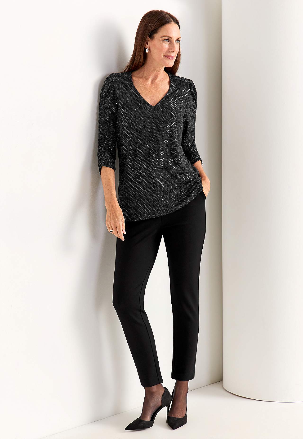 Top mit Pailletten mit 3/4-Ärmeln