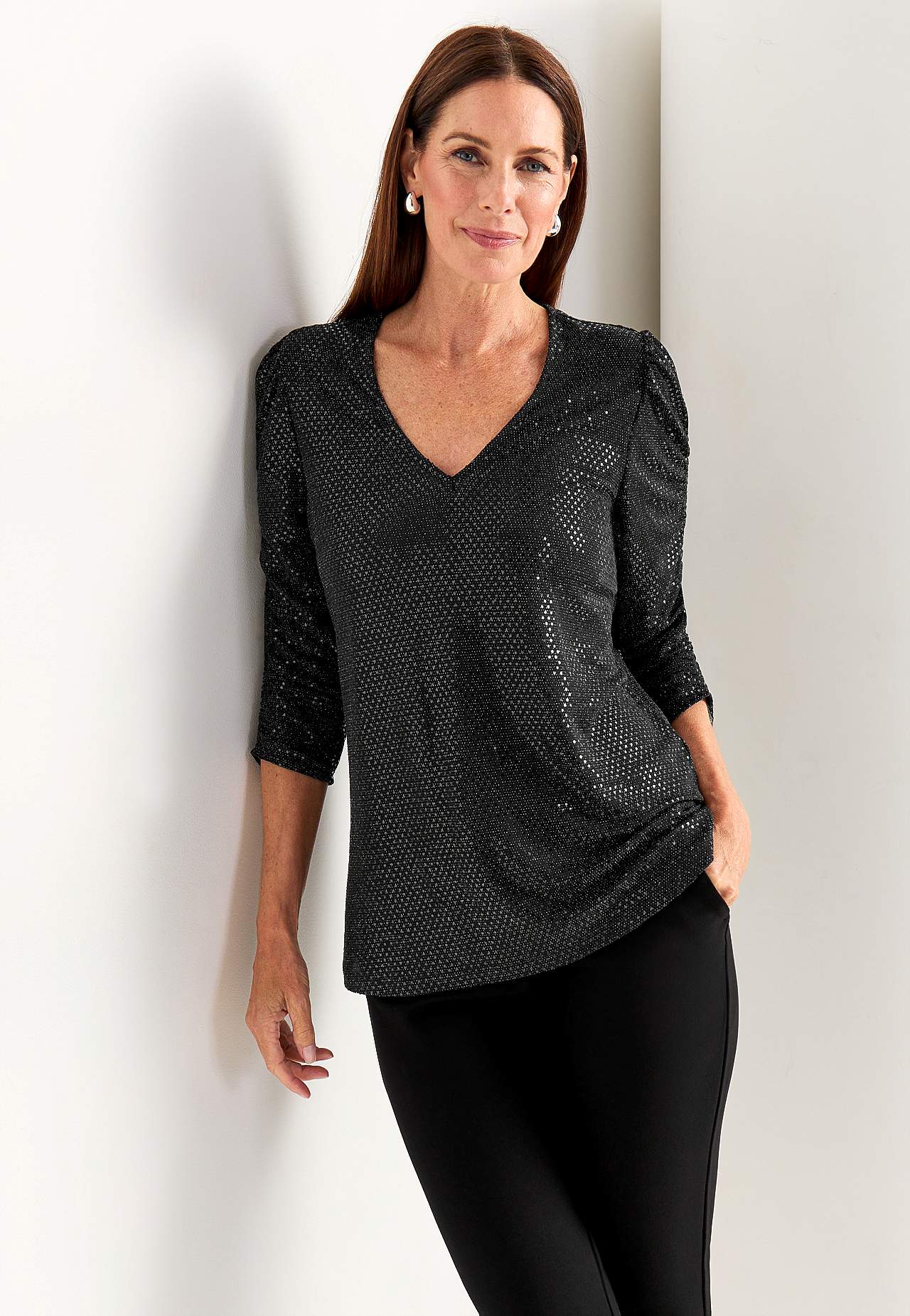 Top mit Pailletten mit 3/4-Ärmeln