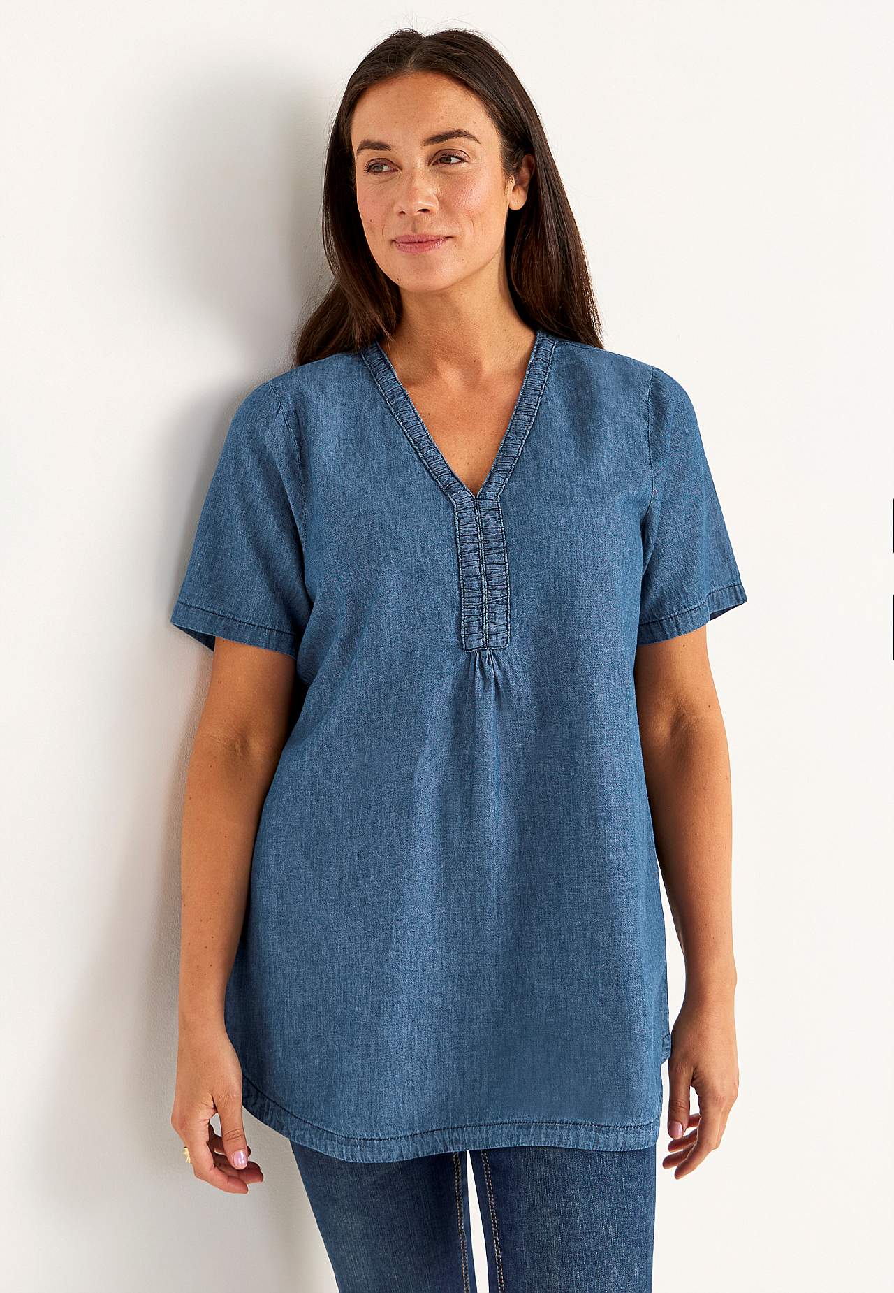 Denim-Tunika mit dekorativem V-Ausschnitt