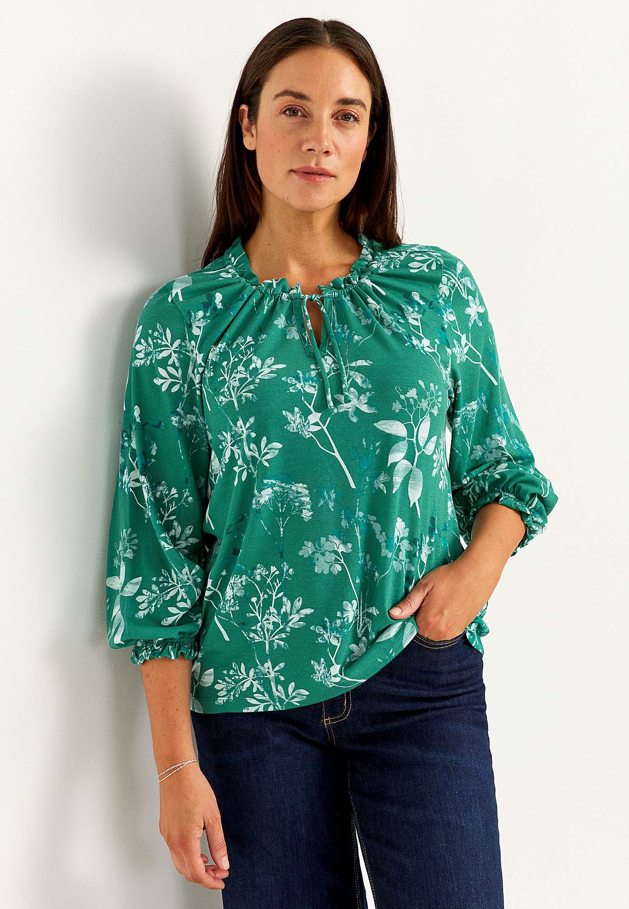 Gemustertes Jersey-Top mit Rüschenkante