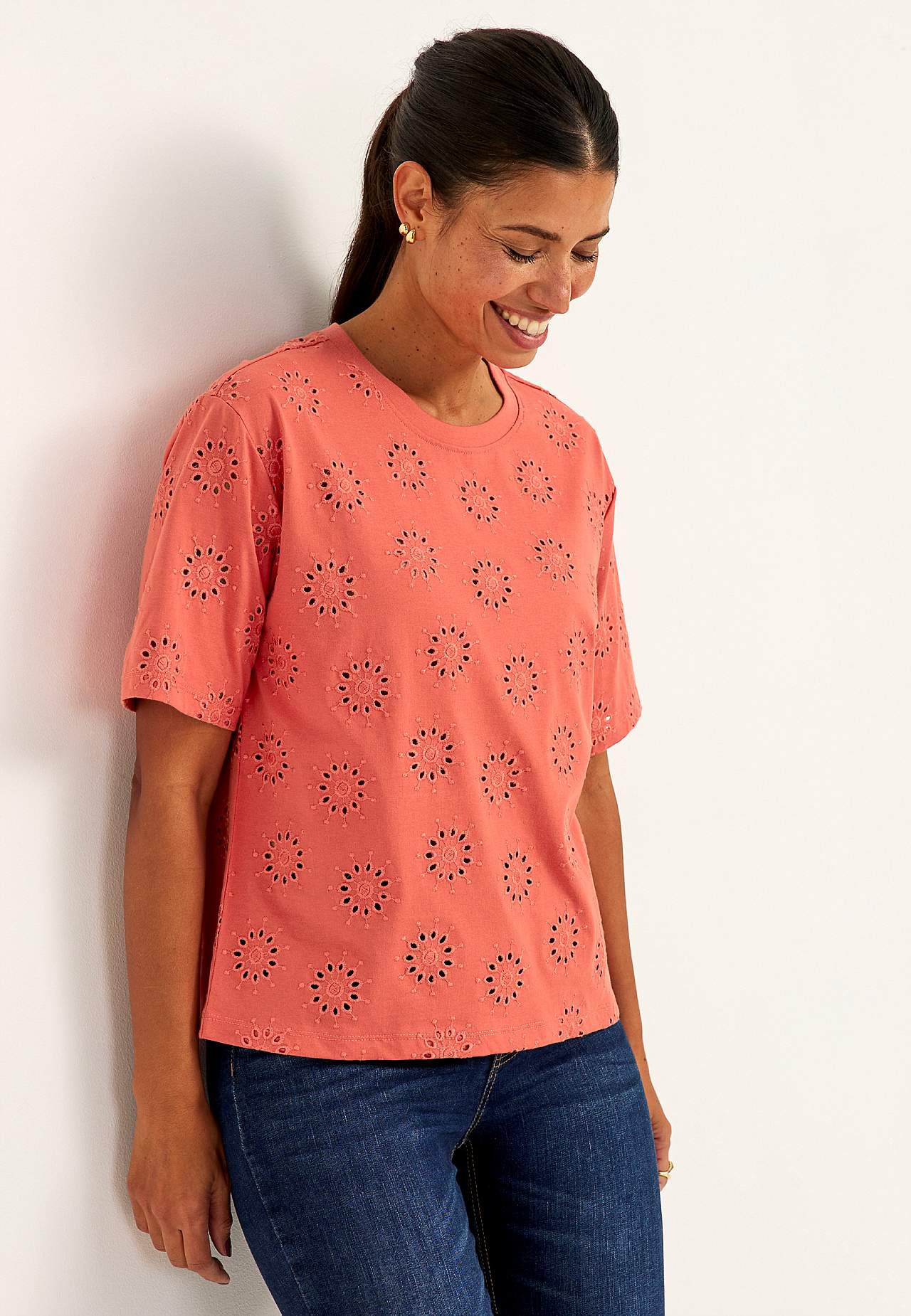 Jersey-Top mit gesticktem Lochmuster