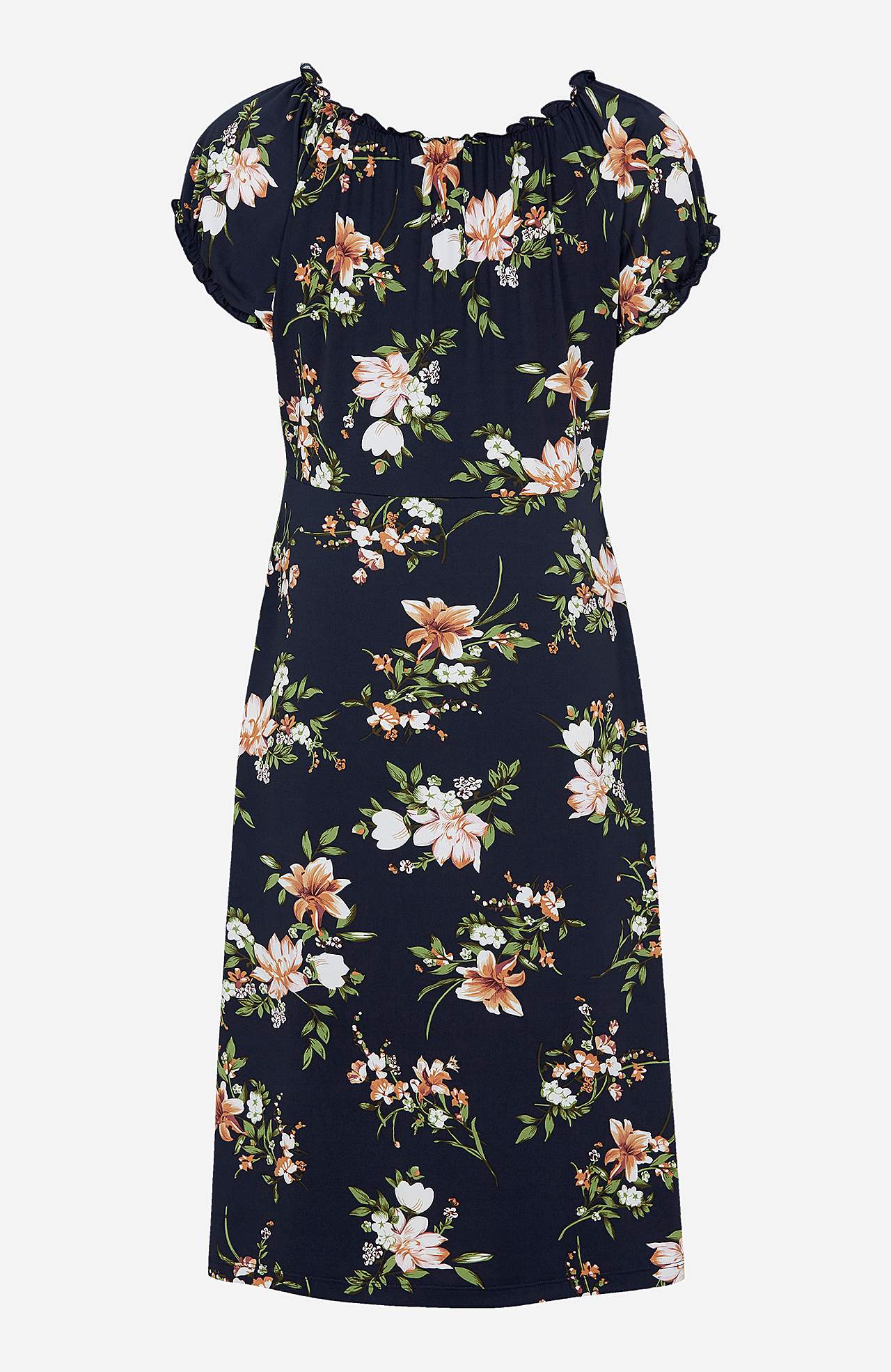 Gemustertes schulterfreies Kleid
