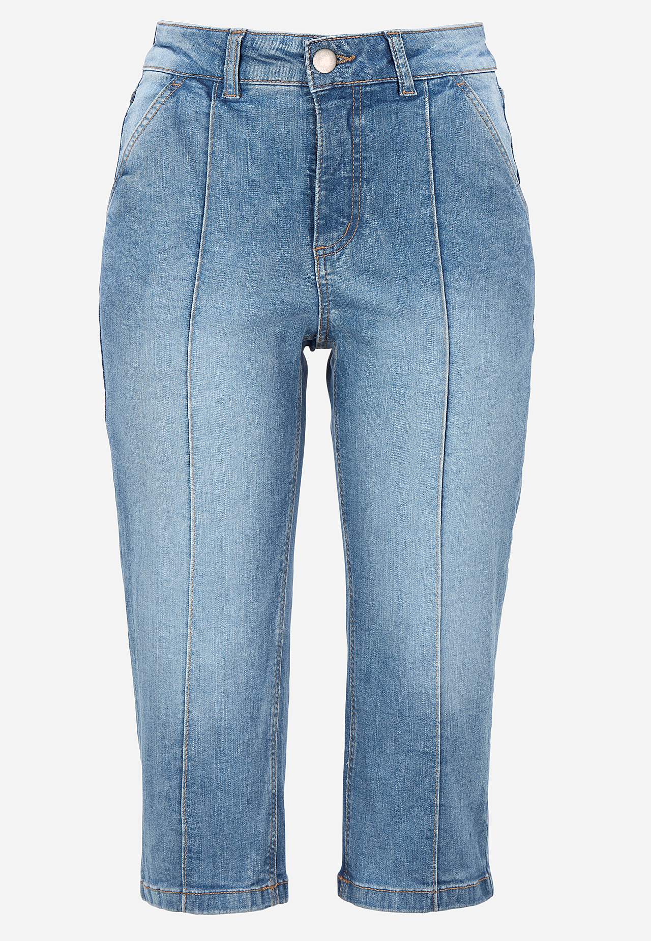 Elastische Cropped Jeans mit genähter Knitterfalte